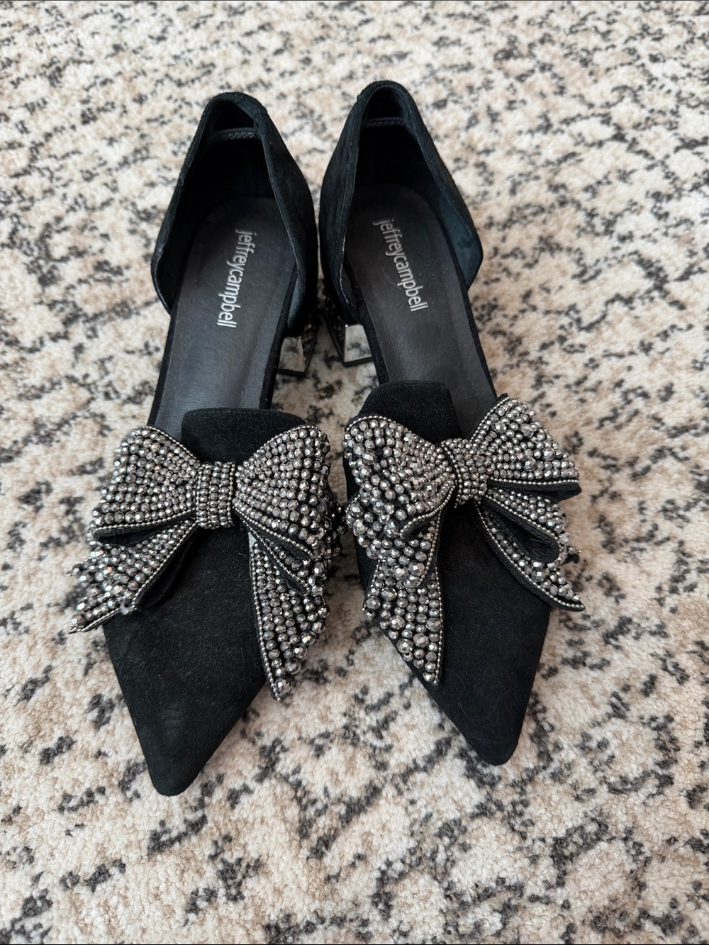 Jeffrey Campbell Black Pointed Toe loafer Heels with Crystal Bow